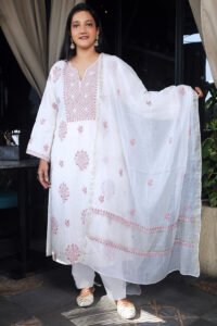 Off-white mull chanderi suit, offering a refind and elegant look