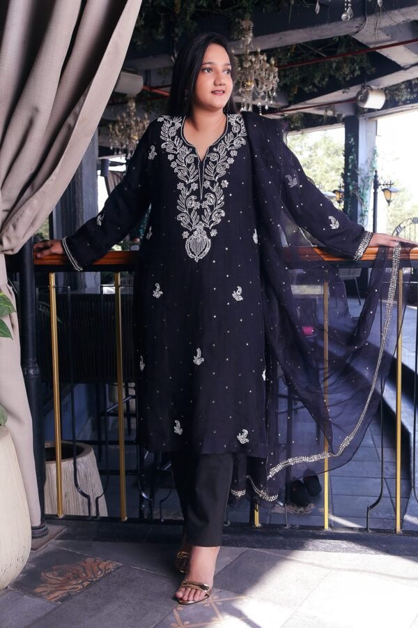 Black Silk Organza Mukaish And Moti Work Kurta Set With Dupatta - Image 3