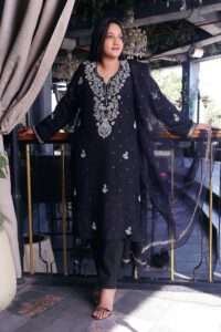 Black Silk Organza Mukaish And Moti Work Kurta Set With Dupatta