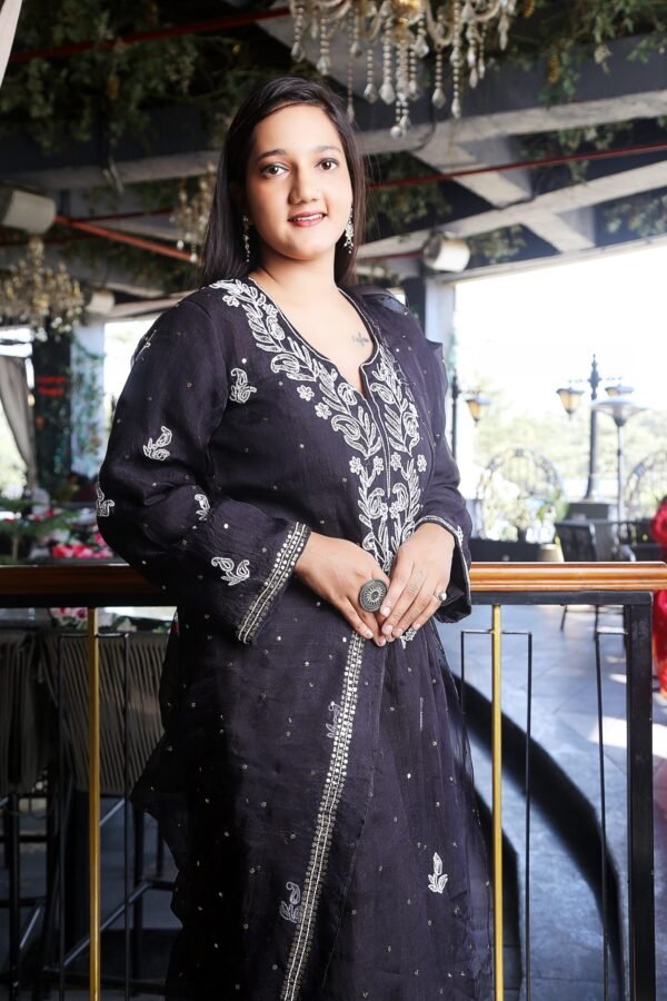 Black Silk Organza Mukaish And Moti Work Kurta Set With Dupatta - Image 5