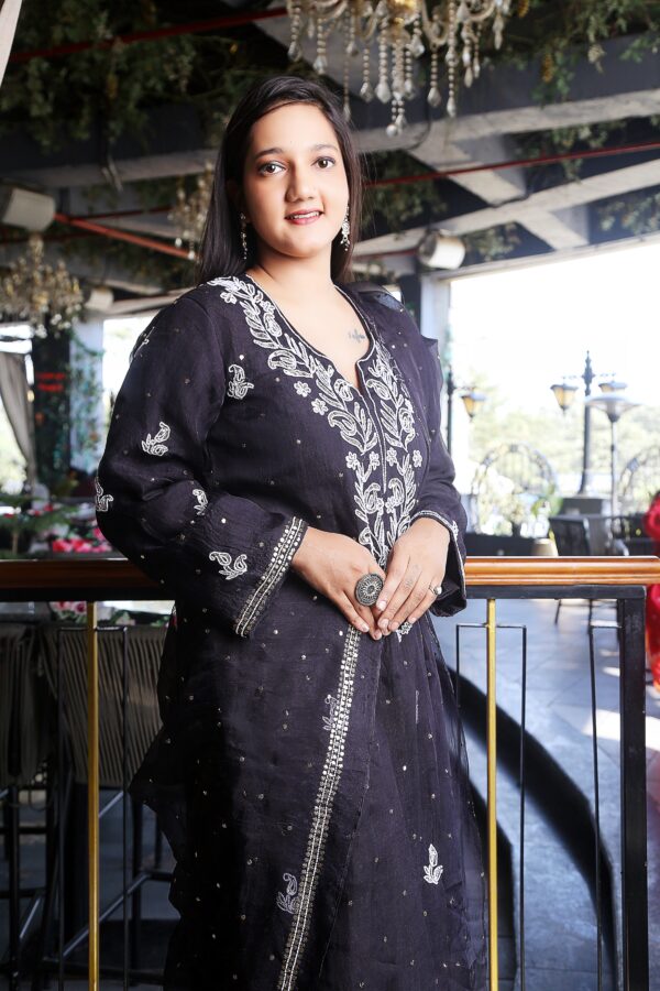 Black Silk Organza Mukaish And Moti Work Kurta Set With Dupatta - Image 4