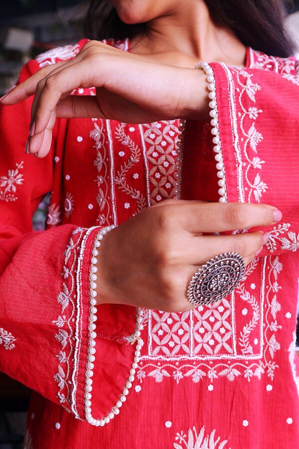 Red Mulchanderi Kurta Set With Pearl Work - Image 5