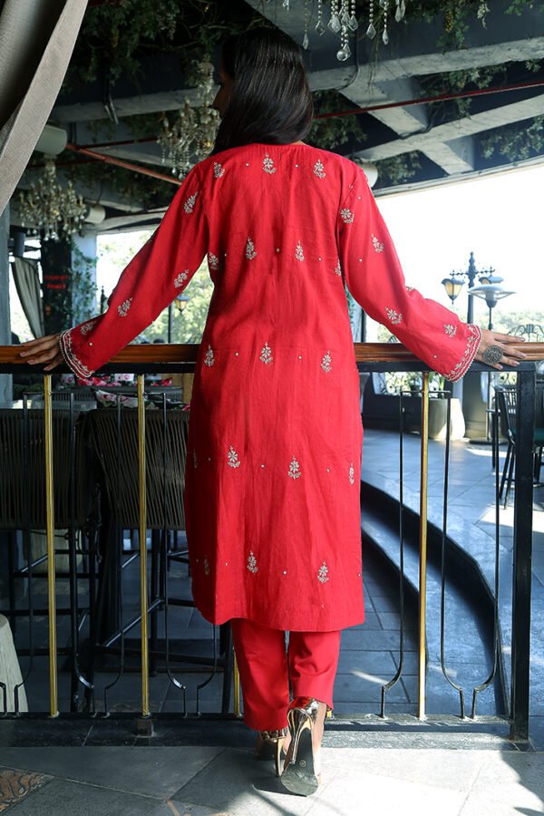 Red Mulchanderi Kurta Set With Pearl Work - Image 7