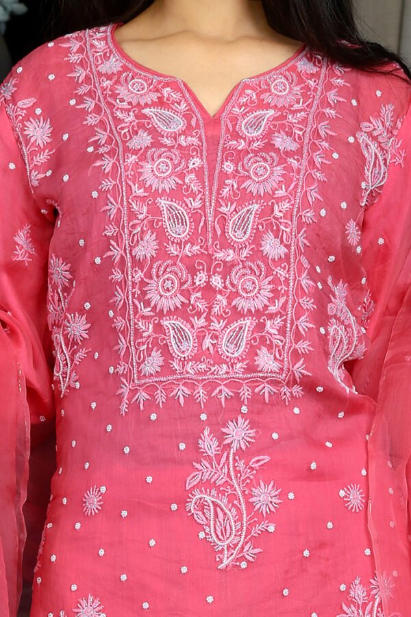 Coral Pink Silk Organza Kurta Set With Dainty Pearl Embellishments. - Image 2