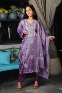 Pure tissue silk kurta set with mukaish and chikankari embroidery.