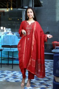 Mul chanderi Mukaish work red kurta set paired with dupatta and pant