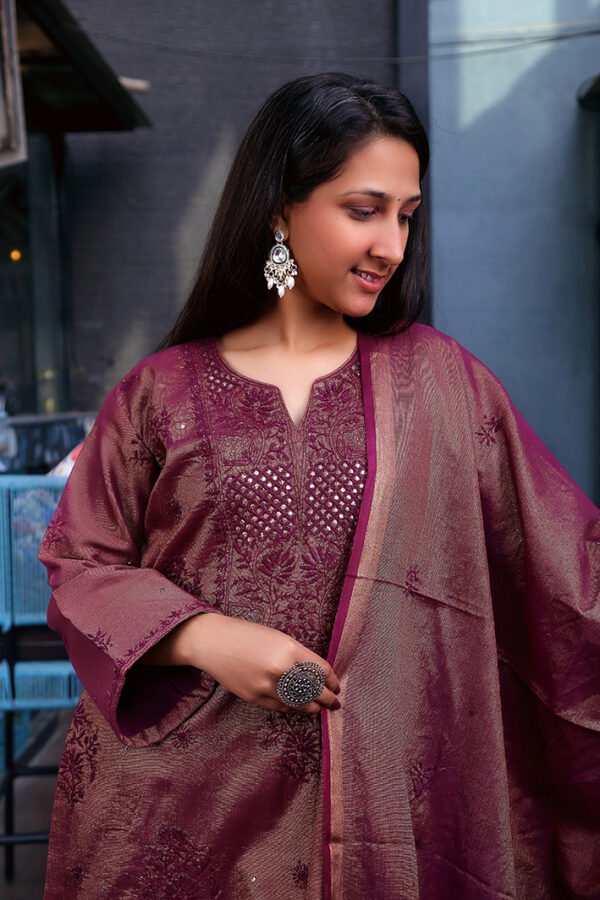 Wine Chikankari And Mukaish Work Kurta Set With Dupatta - Image 2