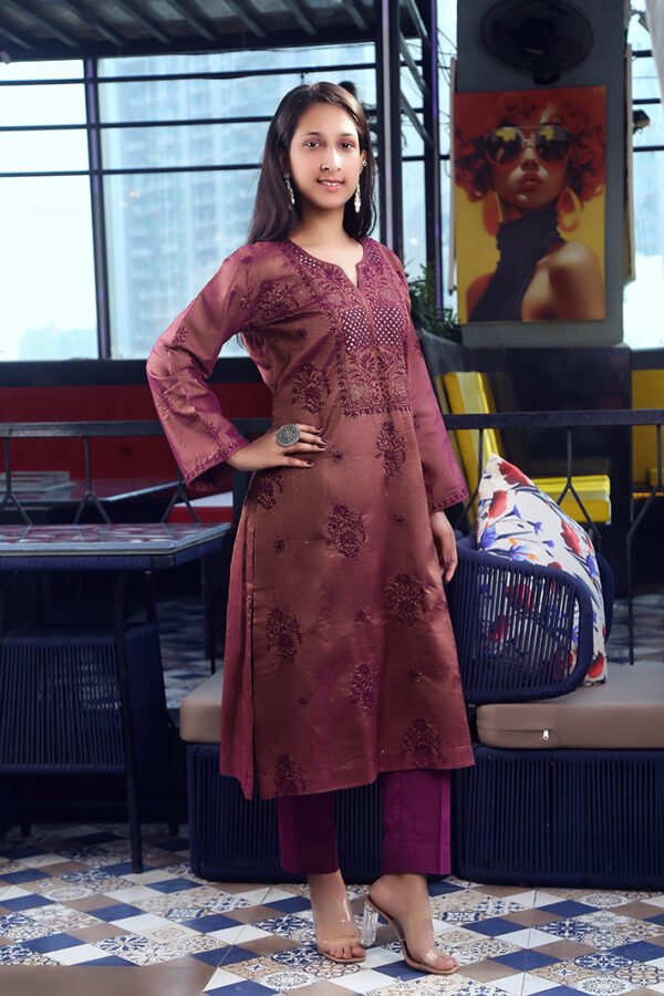 Wine Chikankari And Mukaish Work Kurta Set With Dupatta - Image 3