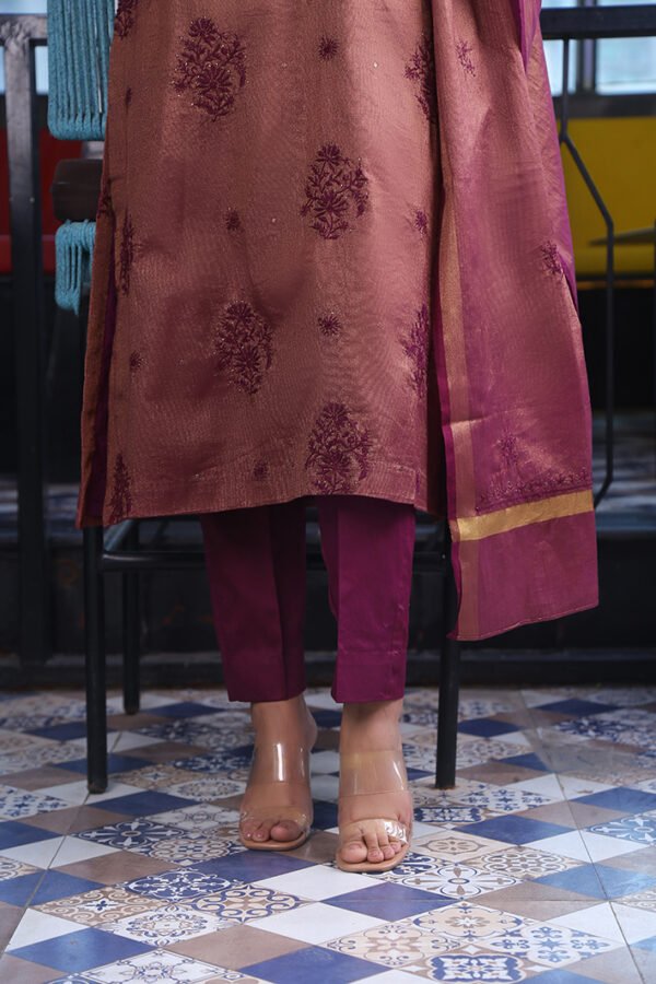 Wine Chikankari And Mukaish Work Kurta Set With Dupatta - Image 8