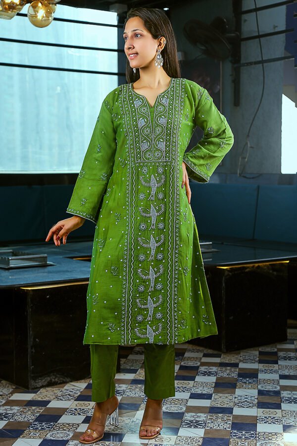 Chikankari Henna Green Kurta Set With Dupatta - Image 4