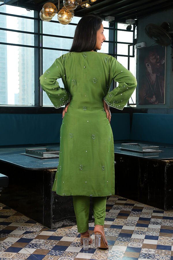 Chikankari Henna Green Kurta Set With Dupatta - Image 2