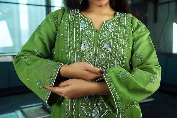 Chikankari Henna Green Kurta Set With Dupatta - Image 5