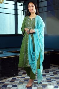 Chikankari Henna Green Kurta Set With Dupatta