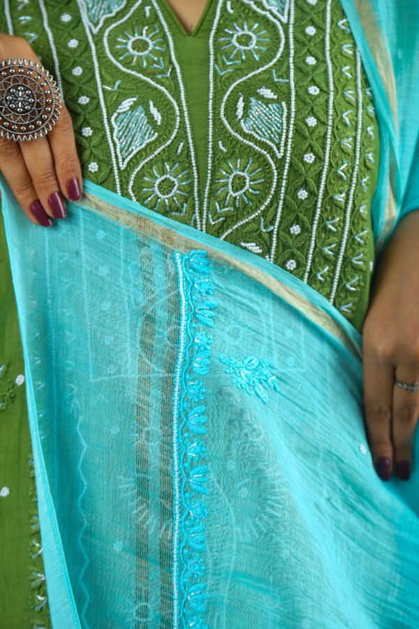 Chikankari Henna Green Kurta Set With Dupatta - Image 7