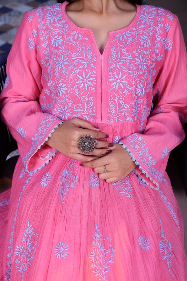 Chikankari Anarkali Set In Pink-Grey Dual Tone - Image 2