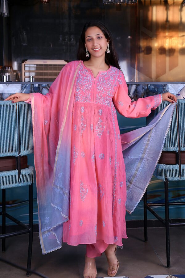 Mul chanderi pink and grey chikankari embroidered gown kurta set