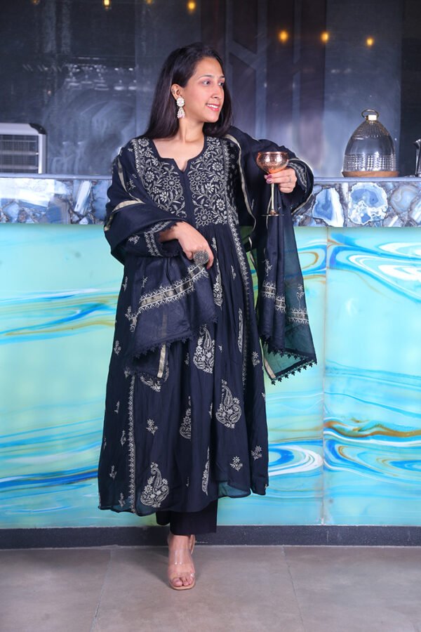 Black Chikankari Anarkali Style with Beige Embroidery - Image 7