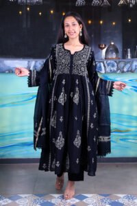 black mull chanderi Gown suit featuring delicate thread embroidery.