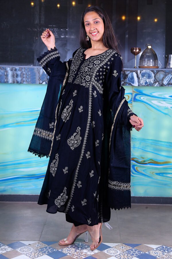 Black Chikankari Anarkali Style with Beige Embroidery - Image 5