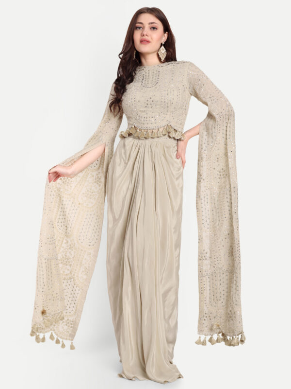 Beige Set Of Long Sleeves Top And Dhoti Skirt