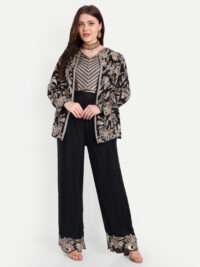 Black Embroidered Matching Set Of Blazer With Crop Top And Trouser