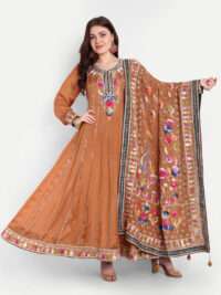 Brown Embroidered Anarkali With Dupatta