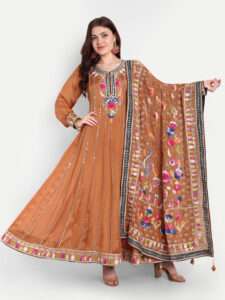 Rust Orange Embroidered Anarkali With Dupatta