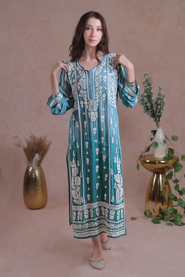 Blue Ombre Shaded Chikankari Kurta - Image 5