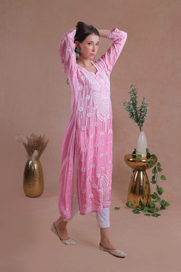 Pink Muslin Chikankari Kurta - Image 5