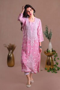 Pink Muslin Chikankari Kurta, with hand-embroidered Chikankari motifs.