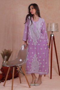 Purple Muslin Chikankari Kurta, hand-embroidered Chikankari motifs.