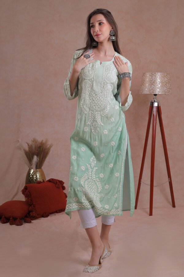 Powder Green Muslin Chikankari Kurta - Image 3