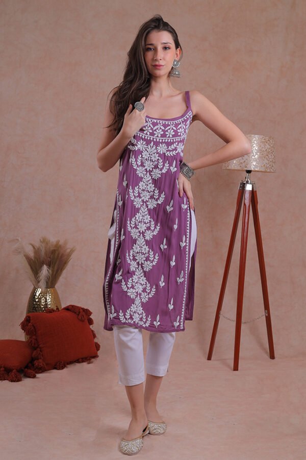 Purple noodle strap chikankari kurta,a perfect mix of modern charm and traditional.