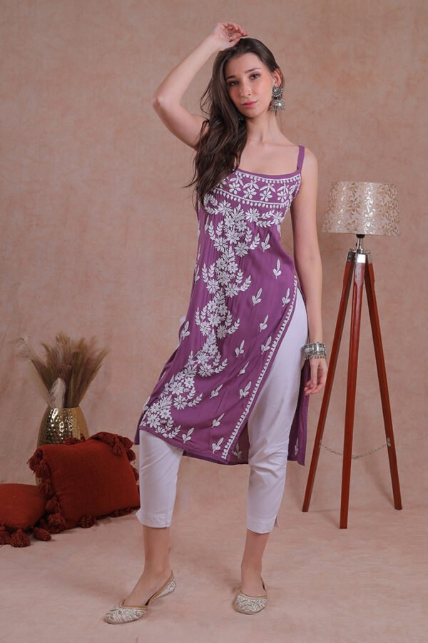 Purple Noodle Strap Chikankari Kurta - Image 5