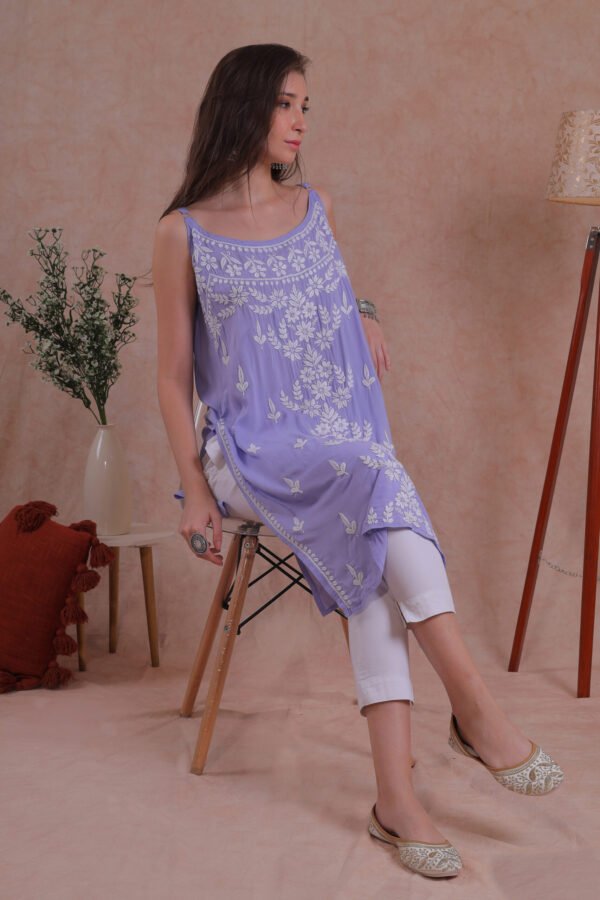 Lavender Noodle Strap Chikankari Kurta - Image 5