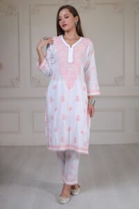 kurta set with contrast peach embroidery.