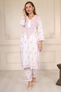 Kurta set with contrast lavender embroidery.