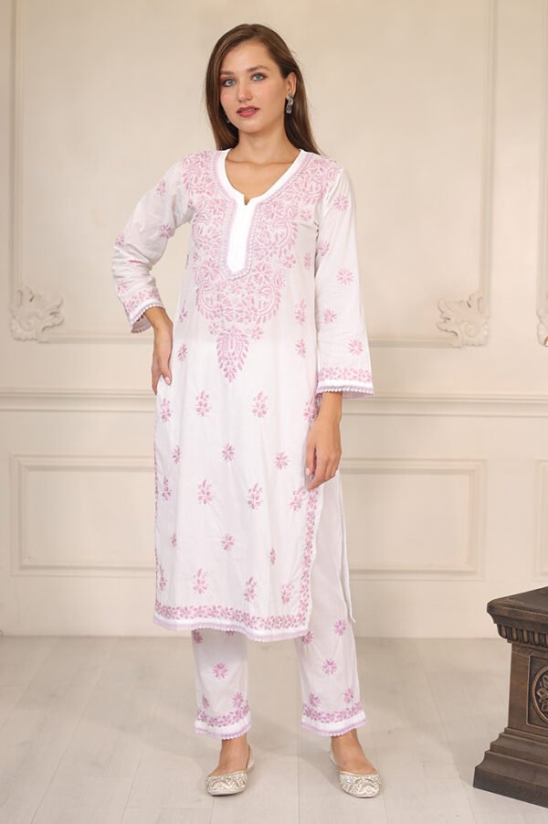 Lavender Chikankari On White Kurta Set - Image 3