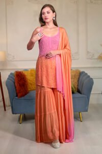 Hand crafted ombre shaded pink and orange  georgette Sharara set.