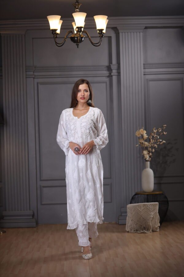 White Chikankari Kurta With Pant - Image 2