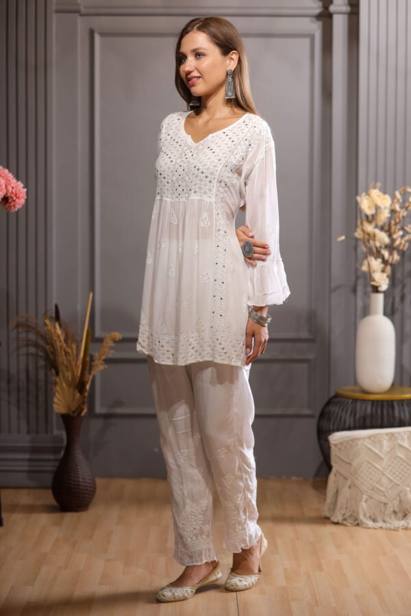 White Chikankari Mukaish Work Short Kurta - Image 2