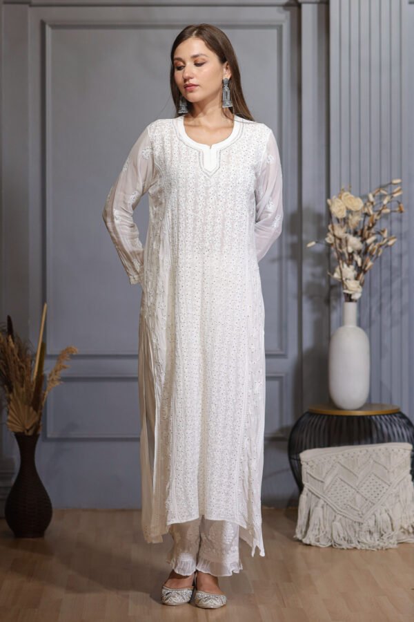 White Chikankari Mukaish Work Long Kurta - Image 2