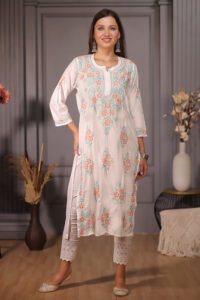 Pure slub cotton Kurta with detailed multicoloured floral chikankari embroidery.