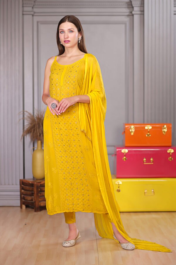 Yellow Ring Mukaish Work Lukhnowi Chikankari Kurta Set - Image 2