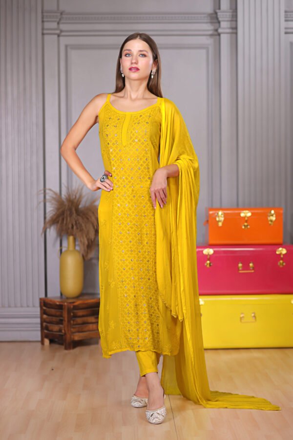 Yellow Ring Mukaish Work Lukhnowi Chikankari Kurta Set - Image 3