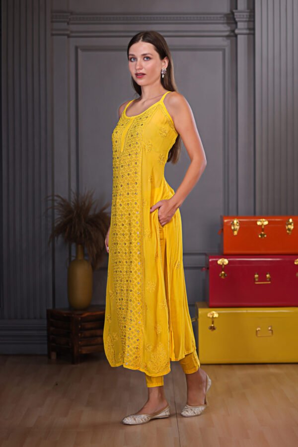 Yellow Ring Mukaish Work Lukhnowi Chikankari Kurta Set - Image 6