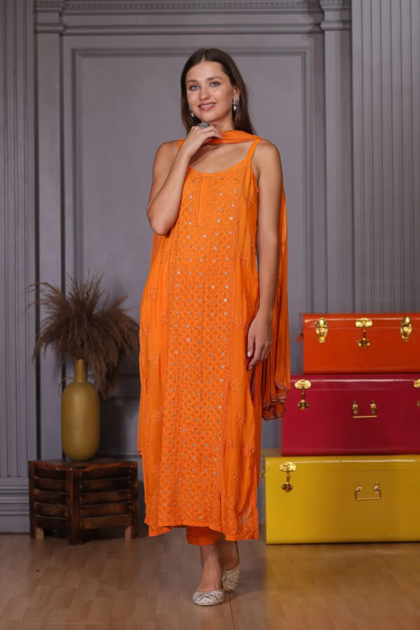 Orange Ring Mukaish Work Lukhnowi Chikankari Kurta Set - Image 3