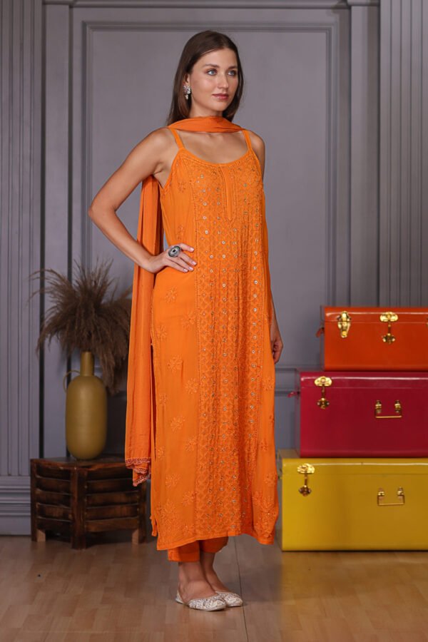 Orange Ring Mukaish Work Lukhnowi Chikankari Kurta Set - Image 4