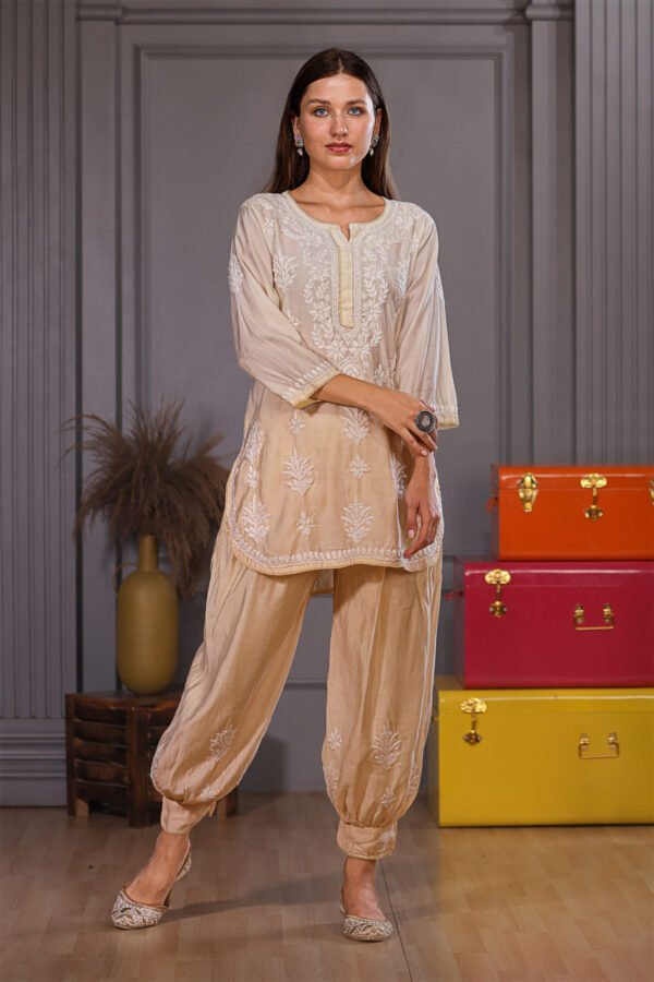 Beige Chikankari Afgani Pant With Kurta - Image 2