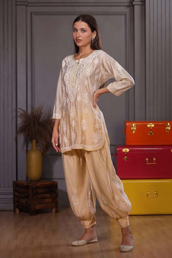 Beige Chikankari Afgani Pant With Kurta - Image 3